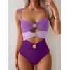 imageB2prity One Piece Swimsuit for Women Cutout Monokini Color Block Bathing Suit Ruched Sexy SwimwearPurple Color Block
