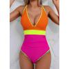 imageB2prity One Piece Swimsuit for Women Tummy Control Ruched Bathing Suit Push Up Tie Back Swimwear Shell StitchedOrange and Pink Color Block