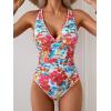 imageB2prity One Piece Swimsuit for Women Tummy Control Ruched Bathing Suit Push Up Tie Back Swimwear Shell StitchedRed Floral Print