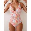 imageB2prity One Piece Swimsuit for Women Tummy Control Ruched Bathing Suit Push Up Tie Back Swimwear Shell StitchedRed Yellow Floral