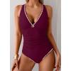 imageB2prity One Piece Swimsuit for Women Tummy Control Ruched Bathing Suit Push Up Tie Back Swimwear Shell StitchedWine Red  White