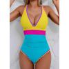 imageB2prity One Piece Swimsuit for Women Tummy Control Ruched Bathing Suit Push Up Tie Back Swimwear Shell StitchedYellow and Blue Color Block