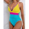 imageB2prity One Piece Swimsuit for Women Tummy Control Ruched Bathing Suit Push Up Tie Back Swimwear Shell StitchedYellow and Blue Color Block