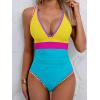 imageB2prity One Piece Swimsuit for Women Tummy Control Ruched Bathing Suit Push Up Tie Back Swimwear Shell StitchedYellow and Blue Color Block