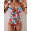 imageB2prity One Piece Swimsuit for Women Tummy Control Ruched Bathing Suit V Neck Cutout SwimwearRed Floral