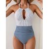 imageB2prity Womens Slimming One Piece Swimsuits Tummy Control Bathing Suit Halter Swimwear for Big Busted Curvy WomanStripe  Grey Blue