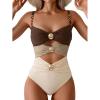 imageB2prity One Piece Swimsuit for Women Cutout Monokini Color Block Bathing Suit Ruched Sexy SwimwearBrown Beige