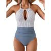 imageB2prity Womens Slimming One Piece Swimsuits Tummy Control Bathing Suit Halter Swimwear for Big Busted Curvy WomanStripe  Grey Blue