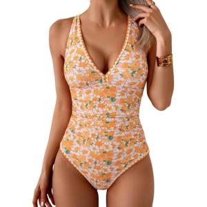 imageB2prity One Piece Swimsuit for Women Tummy Control Ruched Bathing Suit Push Up Tie Back Swimwear Shell StitchedOrange White Print