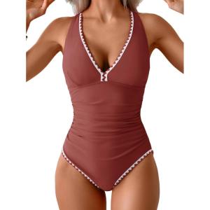 imageB2prity One Piece Swimsuit for Women Tummy Control Ruched Bathing Suit Push Up Tie Back Swimwear Shell StitchedRed Brown