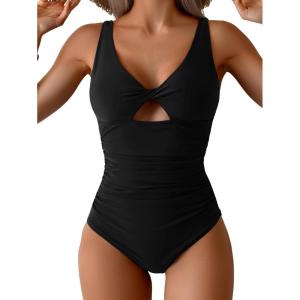 imageB2prity One Piece Swimsuit for Women Tummy Control Ruched Bathing Suit V Neck Cutout SwimwearBlack