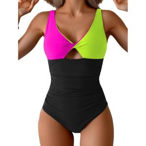 imageB2prity One Piece Swimsuit for Women Tummy Control Ruched Bathing Suit V Neck Cutout SwimwearColor Block 01
