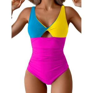 imageB2prity One Piece Swimsuit for Women Tummy Control Ruched Bathing Suit V Neck Cutout SwimwearColor Block 02