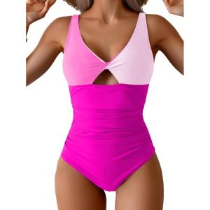 imageB2prity One Piece Swimsuit for Women Tummy Control Ruched Bathing Suit V Neck Cutout SwimwearColor Block 03