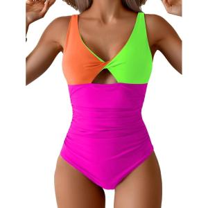 imageB2prity One Piece Swimsuit for Women Tummy Control Ruched Bathing Suit V Neck Cutout SwimwearColor Block 05