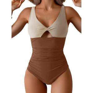 imageB2prity One Piece Swimsuit for Women Tummy Control Ruched Bathing Suit V Neck Cutout SwimwearColor Block 08