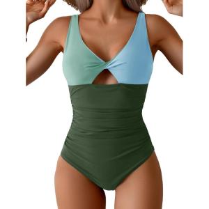 imageB2prity One Piece Swimsuit for Women Tummy Control Ruched Bathing Suit V Neck Cutout SwimwearColor Block 09