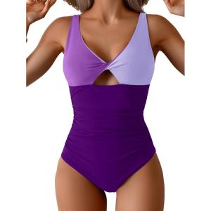 imageB2prity One Piece Swimsuit for Women Tummy Control Ruched Bathing Suit V Neck Cutout SwimwearColor Block 10