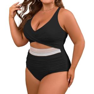 imageB2prity Womens Plus Size One Piece Swimsuit Tummy Control V Neck Bathing Suit Ruched High Waisted Cutout SwimwearBlack