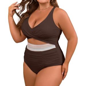 imageB2prity Womens Plus Size One Piece Swimsuit Tummy Control V Neck Bathing Suit Ruched High Waisted Cutout SwimwearBrown