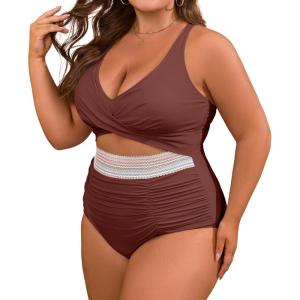 imageB2prity Womens Plus Size One Piece Swimsuit Tummy Control V Neck Bathing Suit Ruched High Waisted Cutout SwimwearCaramel