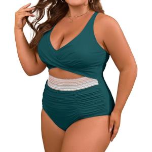 imageB2prity Womens Plus Size One Piece Swimsuit Tummy Control V Neck Bathing Suit Ruched High Waisted Cutout SwimwearGreen