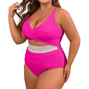 imageB2prity Womens Plus Size One Piece Swimsuit Tummy Control V Neck Bathing Suit Ruched High Waisted Cutout SwimwearHot Pink