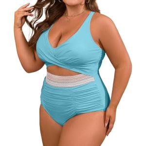 imageB2prity Womens Plus Size One Piece Swimsuit Tummy Control V Neck Bathing Suit Ruched High Waisted Cutout SwimwearLight Blue