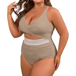 imageB2prity Womens Plus Size One Piece Swimsuit Tummy Control V Neck Bathing Suit Ruched High Waisted Cutout SwimwearLight Brown