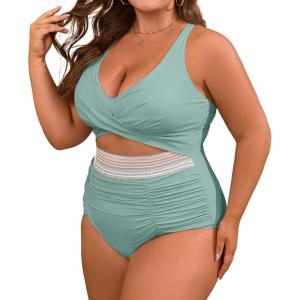 imageB2prity Womens Plus Size One Piece Swimsuit Tummy Control V Neck Bathing Suit Ruched High Waisted Cutout SwimwearLight Green