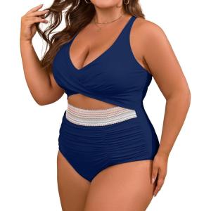 imageB2prity Womens Plus Size One Piece Swimsuit Tummy Control V Neck Bathing Suit Ruched High Waisted Cutout SwimwearNavy Blue