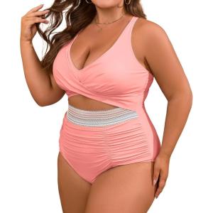 imageB2prity Womens Plus Size One Piece Swimsuit Tummy Control V Neck Bathing Suit Ruched High Waisted Cutout SwimwearPink