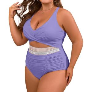 imageB2prity Womens Plus Size One Piece Swimsuit Tummy Control V Neck Bathing Suit Ruched High Waisted Cutout SwimwearPurple