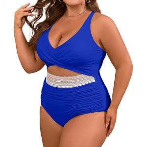 imageB2prity Womens Plus Size One Piece Swimsuit Tummy Control V Neck Bathing Suit Ruched High Waisted Cutout SwimwearRoyal Blue