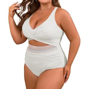 imageB2prity Womens Plus Size One Piece Swimsuit Tummy Control V Neck Bathing Suit Ruched High Waisted Cutout SwimwearWhite