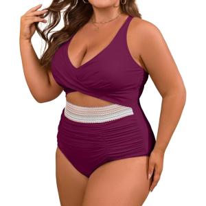 imageB2prity Womens Plus Size One Piece Swimsuit Tummy Control V Neck Bathing Suit Ruched High Waisted Cutout SwimwearWine Red