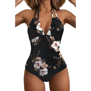 imageB2prity Womens Slimming One Piece Swimsuits Tummy Control Bathing Suit Halter Swimwear for Big Busted Curvy WomanBlack Printed