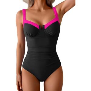 imageB2prity Womens Underwire One Piece Swimsuits Tummy Control Bathing Suits Push Up Swim Suit Color Block SwimwearBlack  Hot Pink