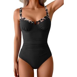 imageB2prity Womens Underwire One Piece Swimsuits Tummy Control Bathing Suits Push Up Swim Suit Color Block SwimwearBlack  Leopard