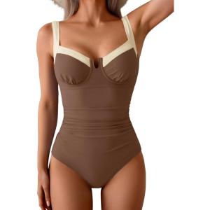 imageB2prity Womens Underwire One Piece Swimsuits Tummy Control Bathing Suits Push Up Swim Suit Color Block SwimwearBrown  White