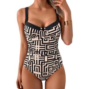 imageB2prity Womens Underwire One Piece Swimsuits Tummy Control Bathing Suits Push Up Swim Suit Color Block SwimwearBrown Stripe  Black