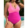 imageB2prity One Piece Swimsuit for Women Tummy Control Plus Size Bathing Suit Ruched Swim Suit V Neck Criss Cross SwimwearHot Pink Color Block
