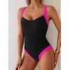 imageB2prity One Piece Swimsuit for Women Tummy Control Slimming Bathing Suit Push Up Ruched Swim Suit Criss Cross SwimwearBlack and Purple Block