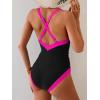 imageB2prity One Piece Swimsuit for Women Tummy Control Slimming Bathing Suit Push Up Ruched Swim Suit Criss Cross SwimwearBlack and Purple Block