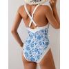 imageB2prity One Piece Swimsuit for Women Tummy Control Slimming Bathing Suit Push Up Ruched Swim Suit Criss Cross SwimwearBlue Floral Print and White Block