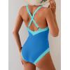 imageB2prity One Piece Swimsuit for Women Tummy Control Slimming Bathing Suit Push Up Ruched Swim Suit Criss Cross SwimwearBlue and Lake Green Block