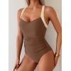 imageB2prity One Piece Swimsuit for Women Tummy Control Slimming Bathing Suit Push Up Ruched Swim Suit Criss Cross SwimwearBrown  White