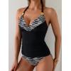 imageB2prity Womens Halter Tankini Swimsuits Tummy Control Two Piece Bathing Suits V Neck Swimwear with High Waisted BottomBlack  Stripe