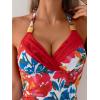 imageB2prity Womens Halter Tankini Swimsuits Tummy Control Two Piece Bathing Suits V Neck Swimwear with High Waisted BottomRed Floral  Red
