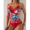 imageB2prity Womens Halter Tankini Swimsuits Tummy Control Two Piece Bathing Suits V Neck Swimwear with High Waisted BottomRed Floral  Red